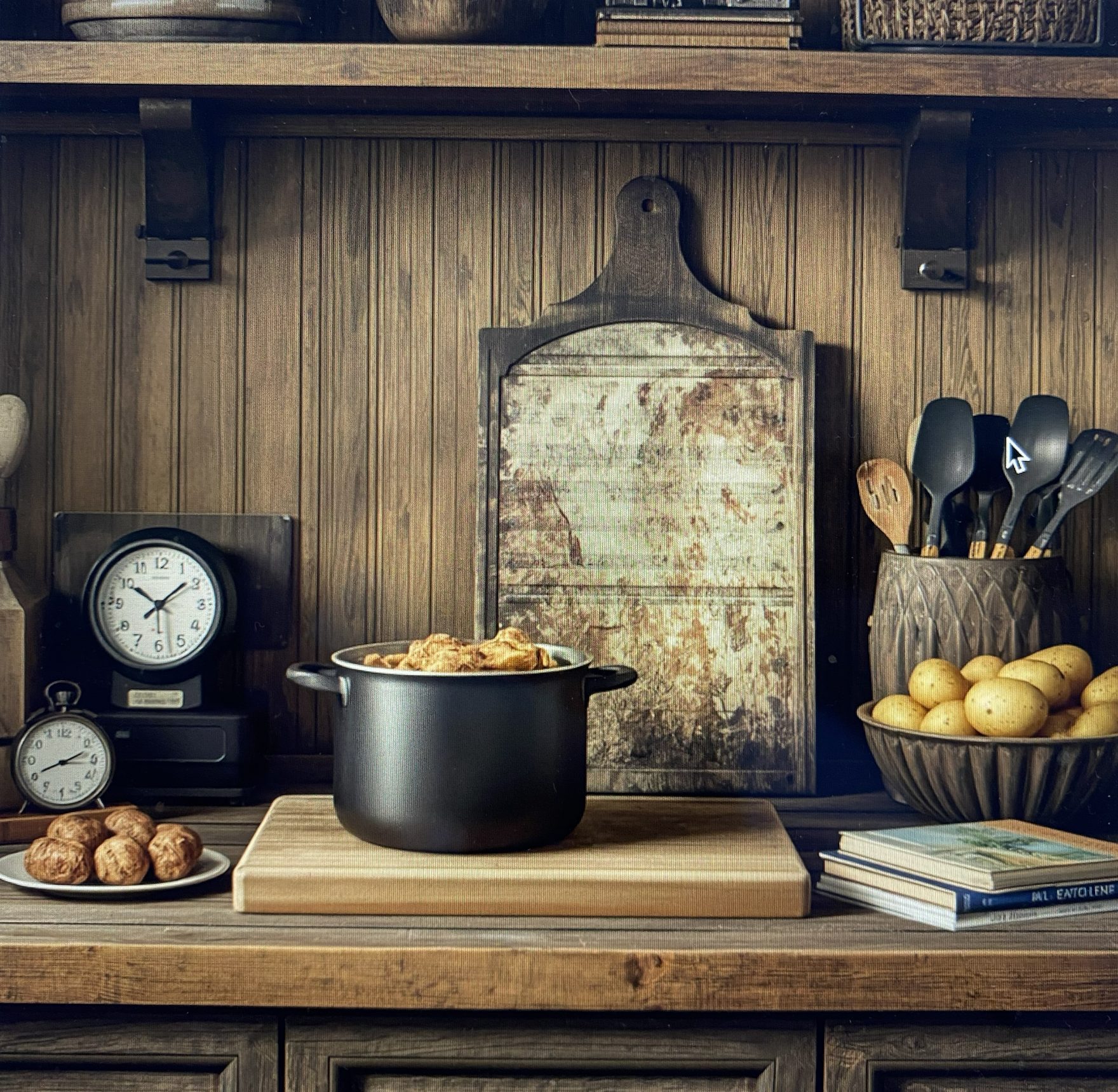 A rustic kitchen — a black pot of stew on a cutting board, a bowl of potatoes, an old clock, a worn recipe board and cookbooks